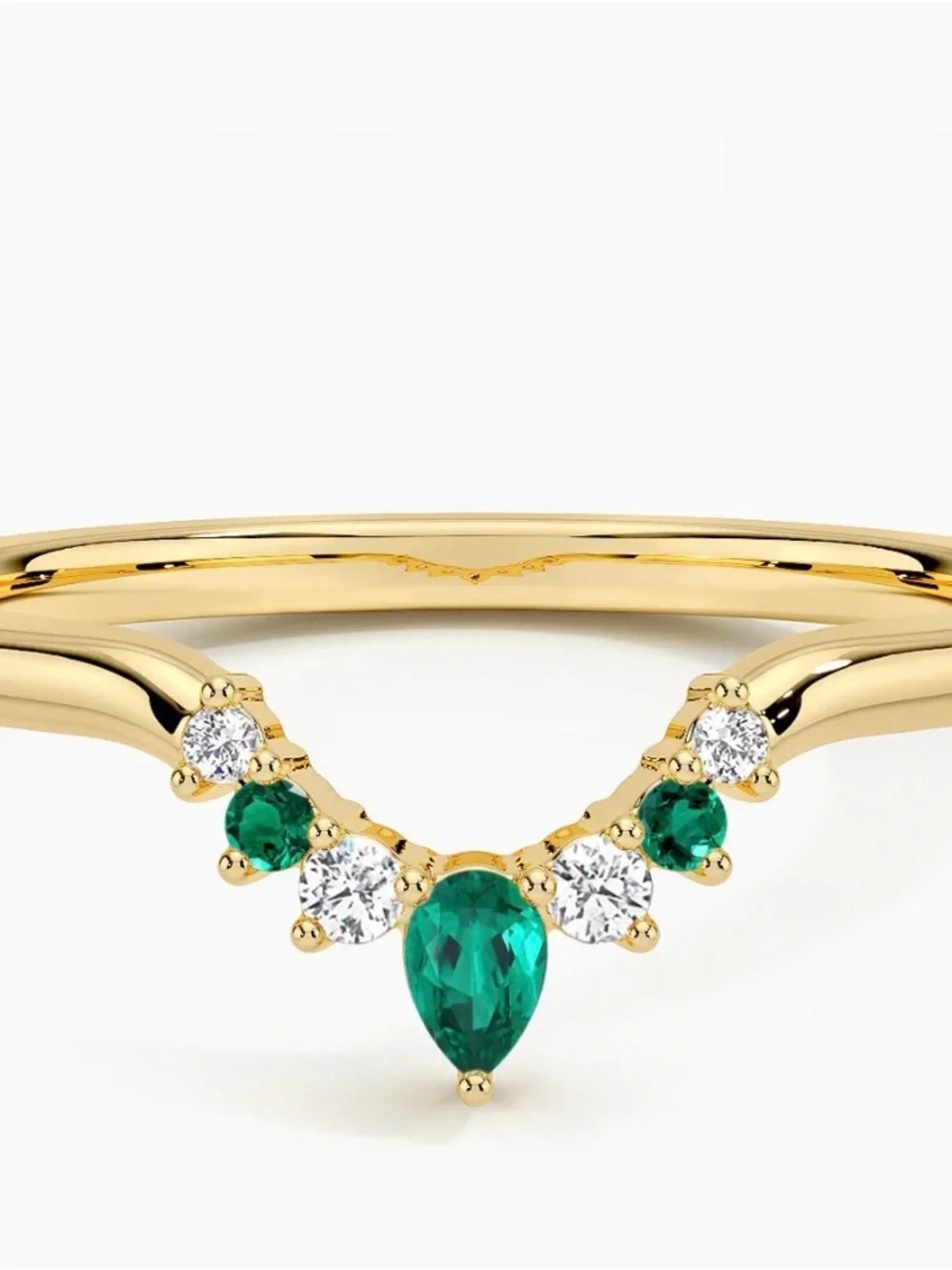 Gold V-Contour Ring with Pear Emerald & White Crystals